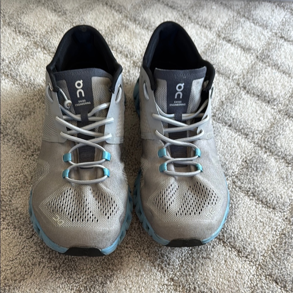 On Running Light Gray and Aqua Sneakers